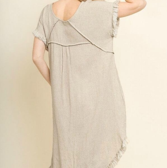 Umgee Oatmeal High Low Linen Dress with Fringe Hem - Picture 12 of 13